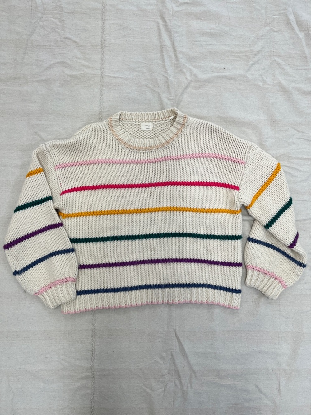Cream Striped Crewneck Sweater with Multicolor Bands